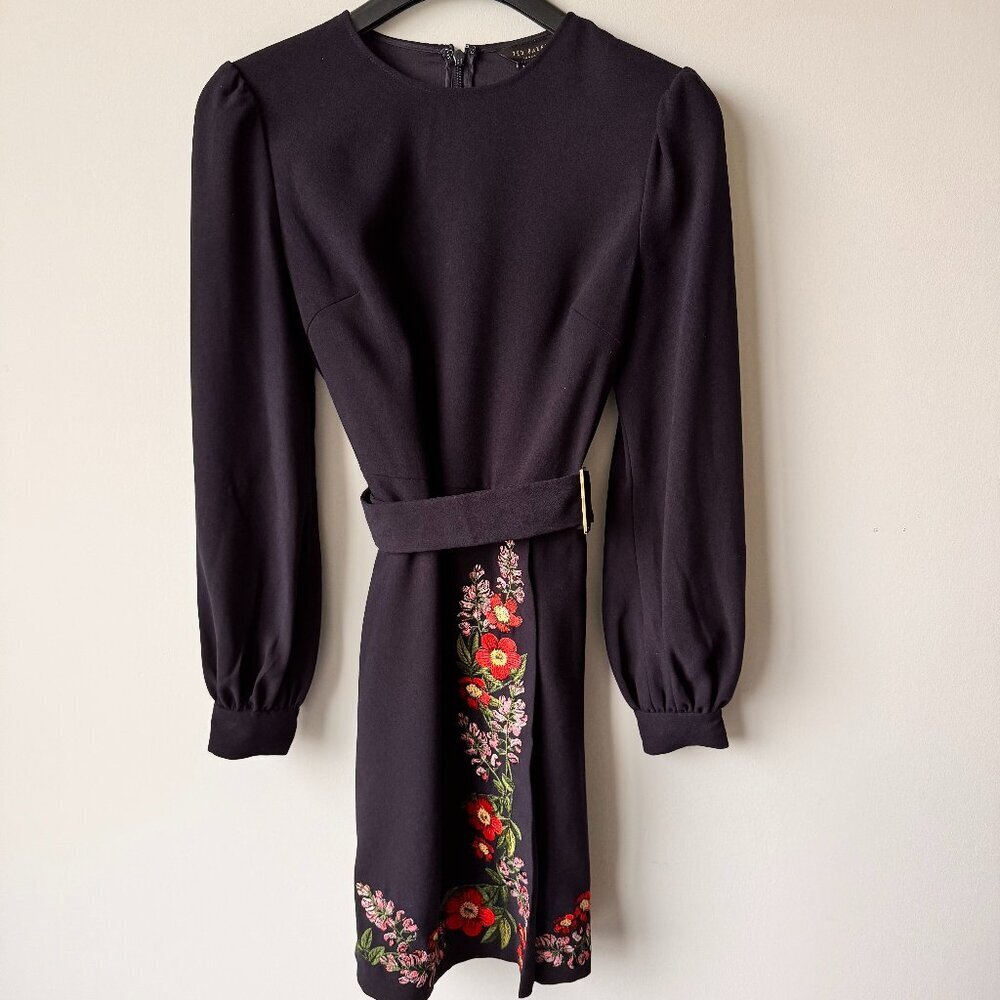 Ted Baker Long Sleeve Belted Floral Embroidered Dress Navy